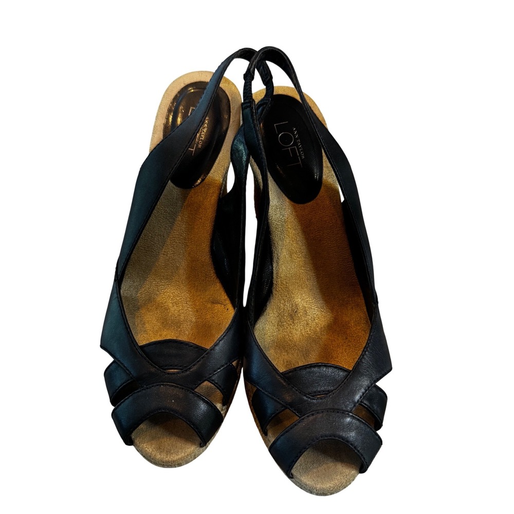 Ann Taylor Loft Womens Black Slingback Peep Toe Raffia Wedge Sandals Heel 7.5M